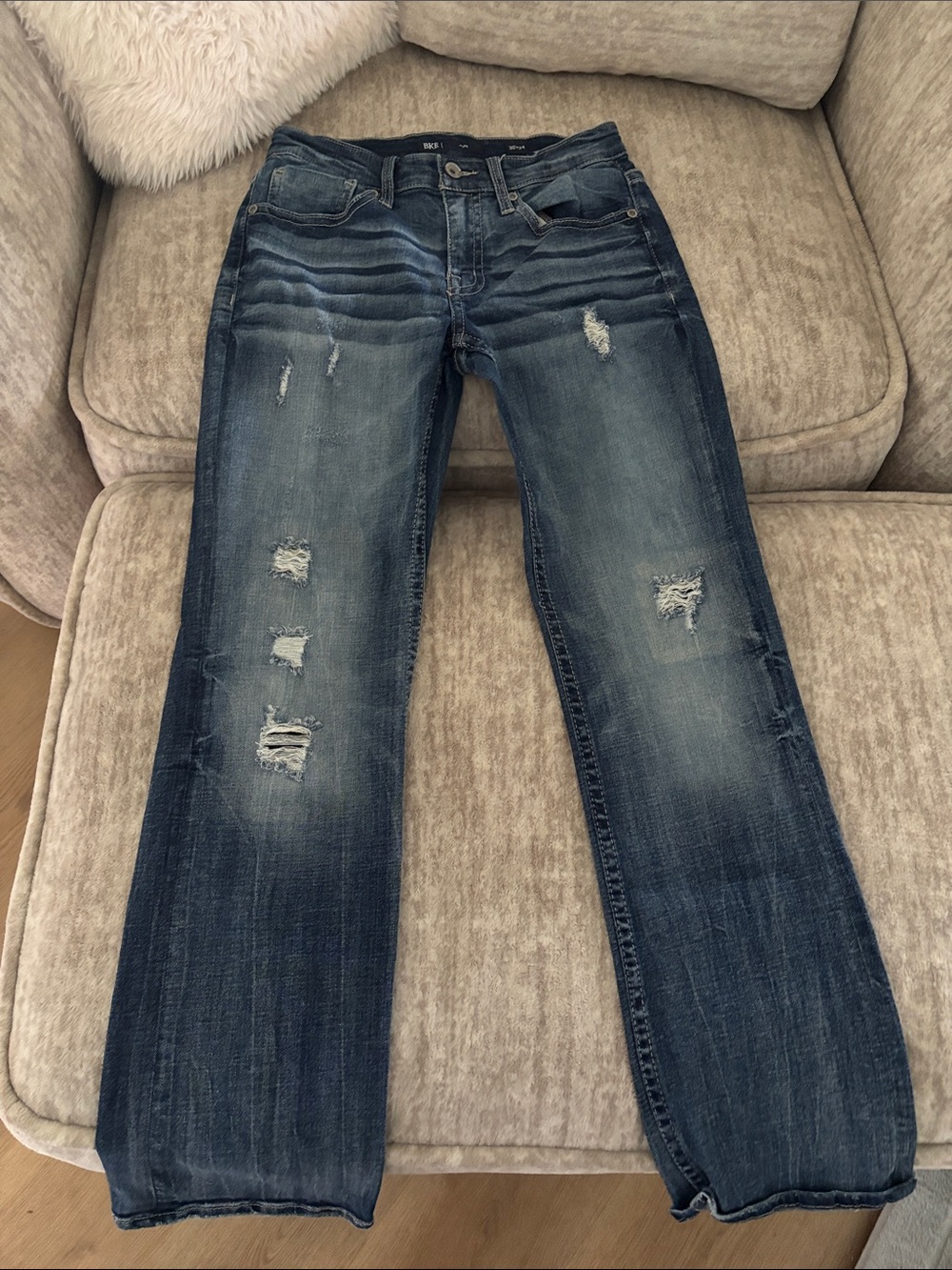 BKE Men's Dark Blue Distressed Straight Jeans